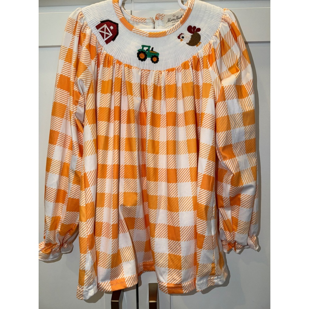 Marie Nicole Clothing Girls Orange Gingham Smocked Farm Top Barn Tractor 2XL